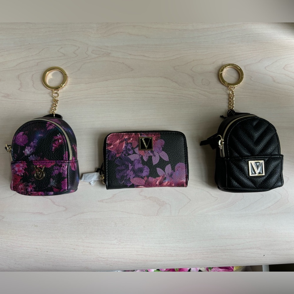 New Victoria’s Secret Black Quilted & Floral Mini Backpack & Floral Wallet Set